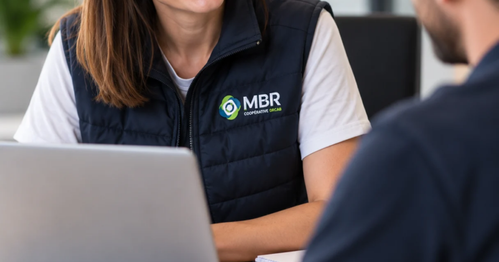 Conseillère MBR en rendez-vous avec un artisan devant un ordinateur portable